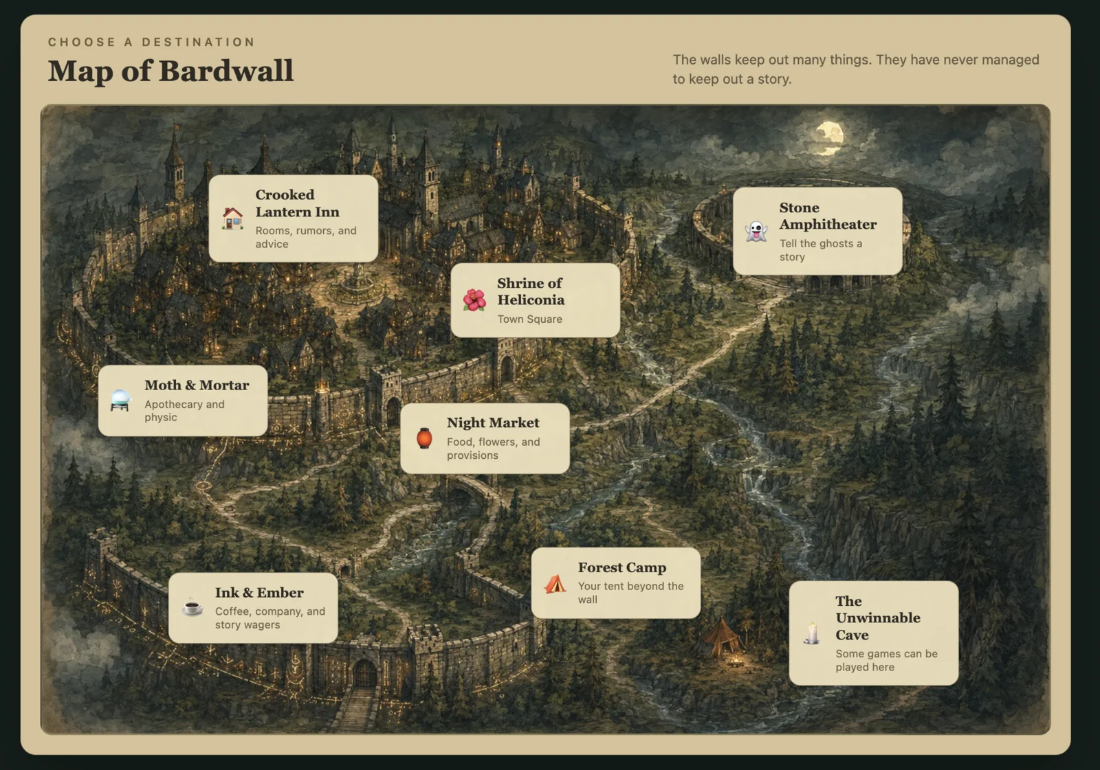 Illustrated map of Bardwall, the in-app writing mini-game