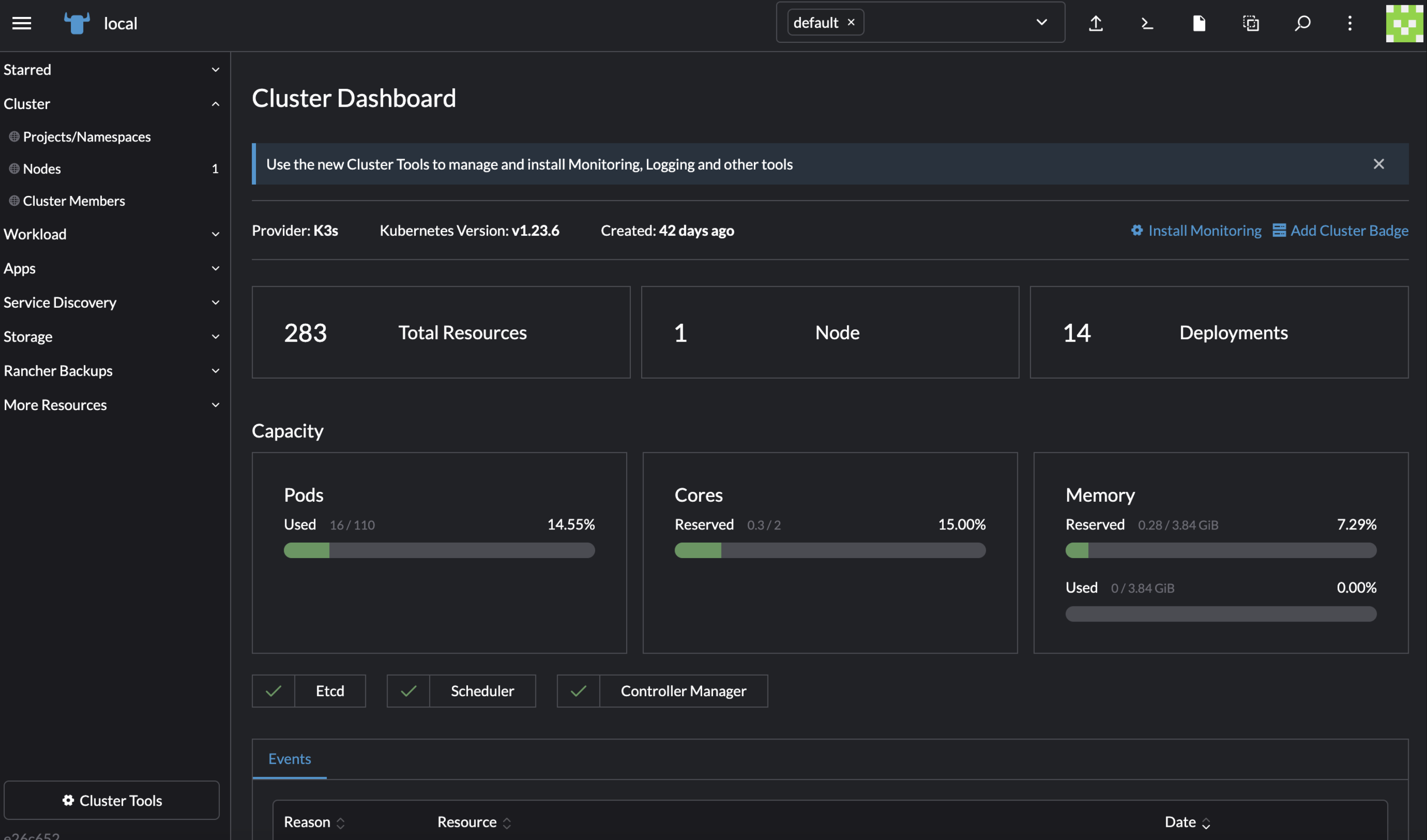 Cluster dashboard overview
