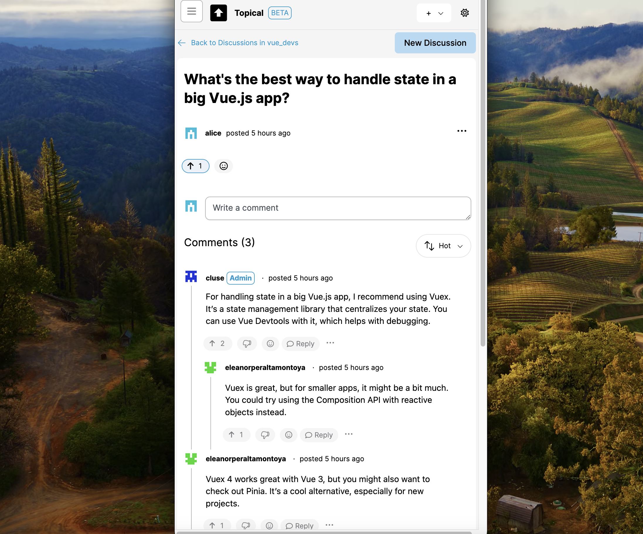 Discussion detail page at mobile width
