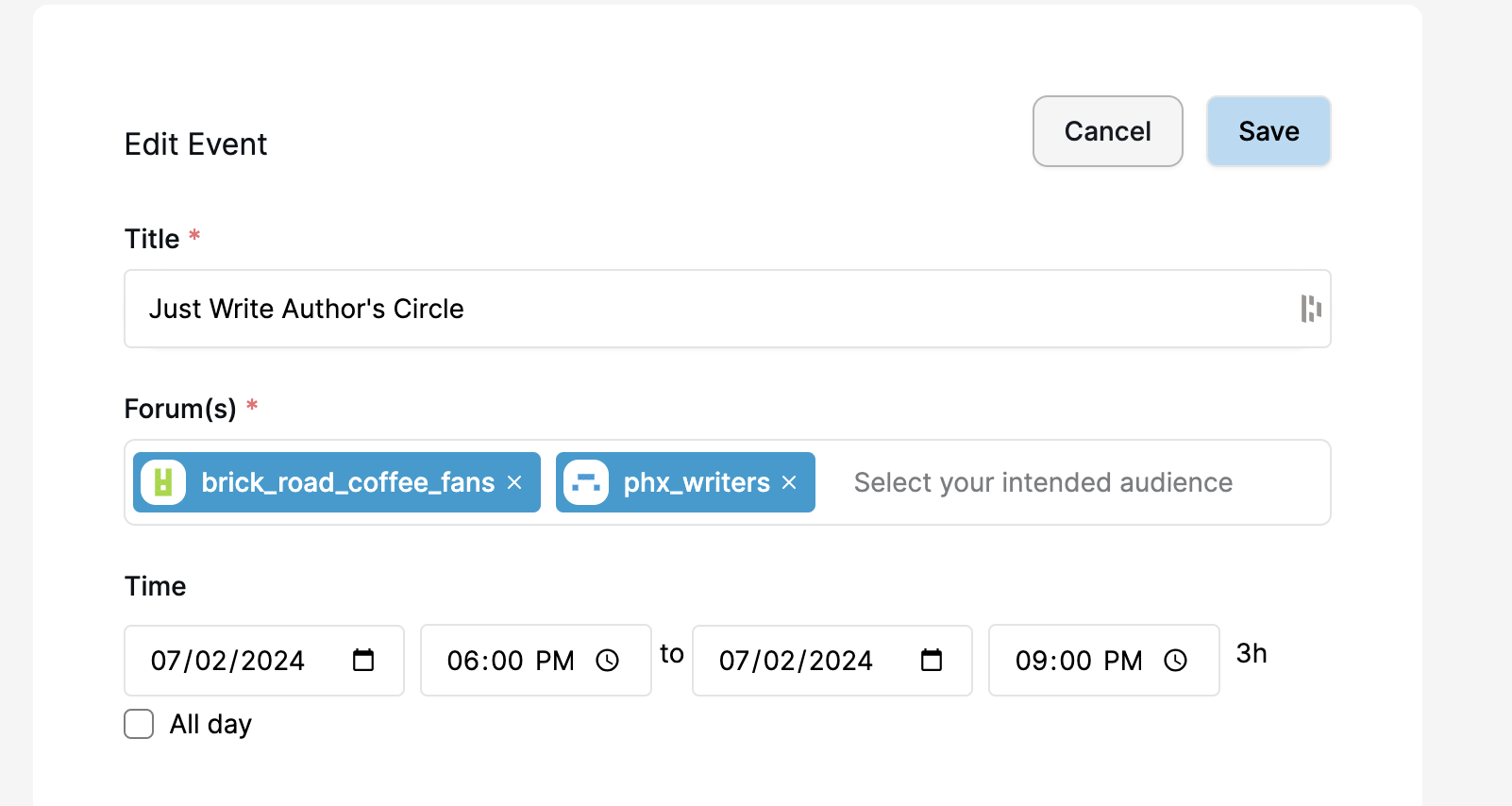 Submitting an event to multiple forums