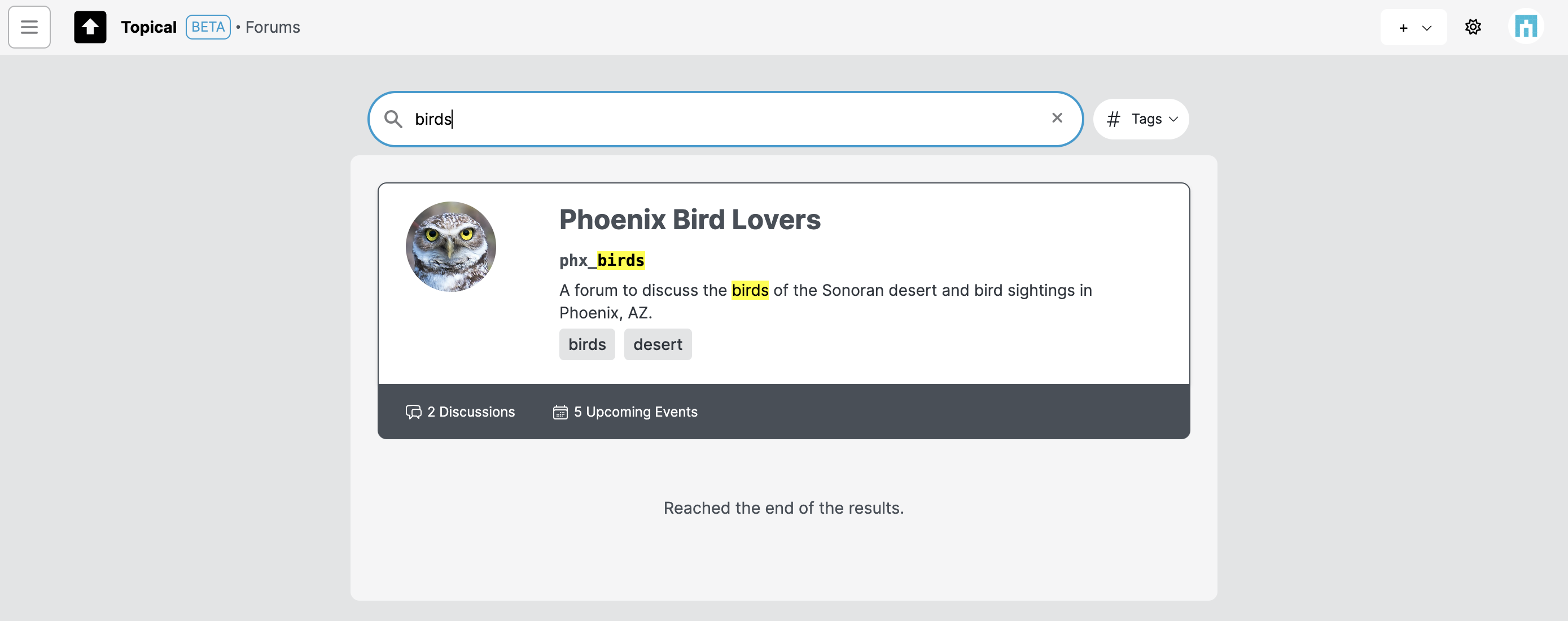 Forum list filtered by search terms