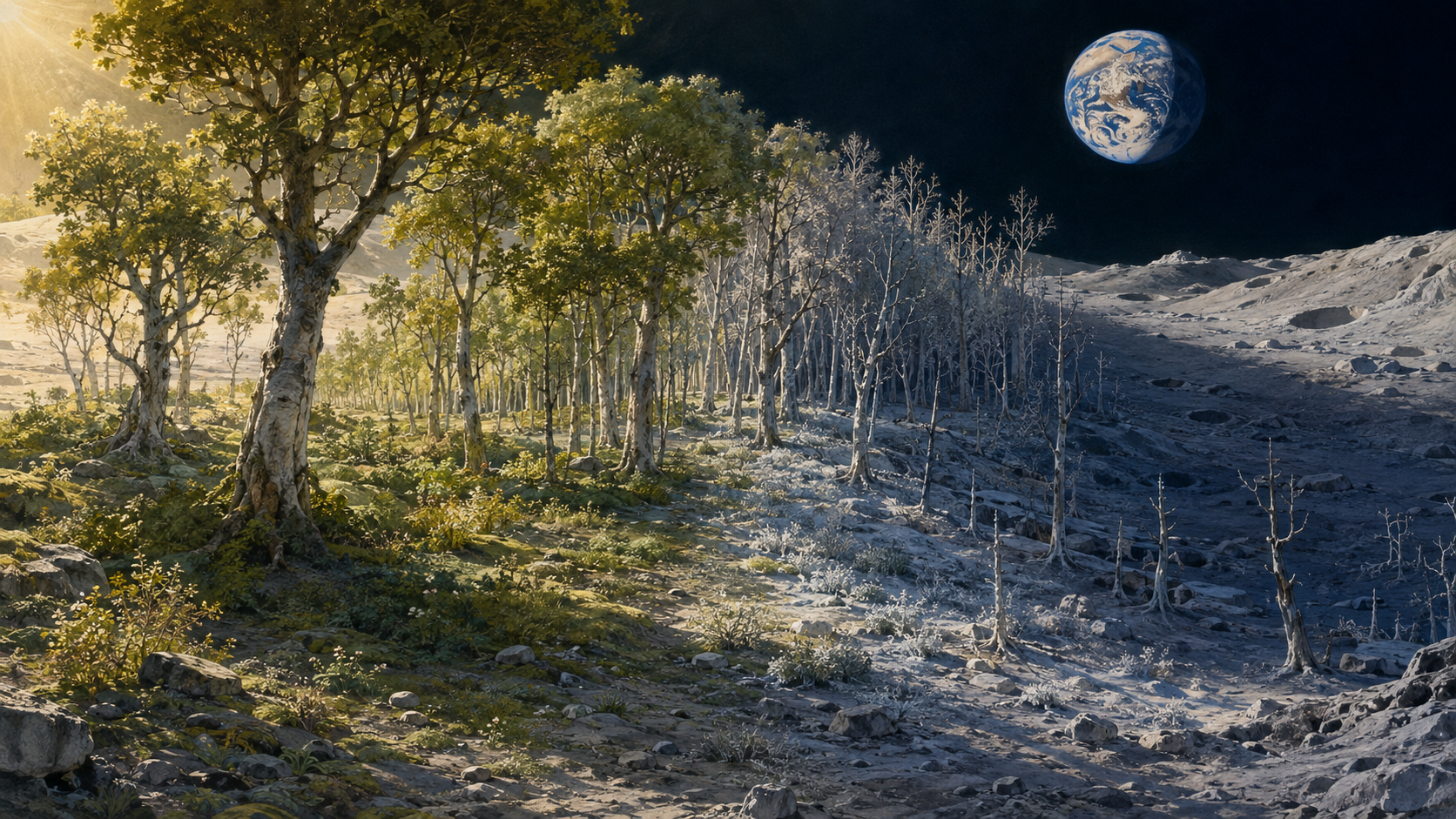 A lunar forest along the terminator, half of it lit by a low sun and half sinking into shadow