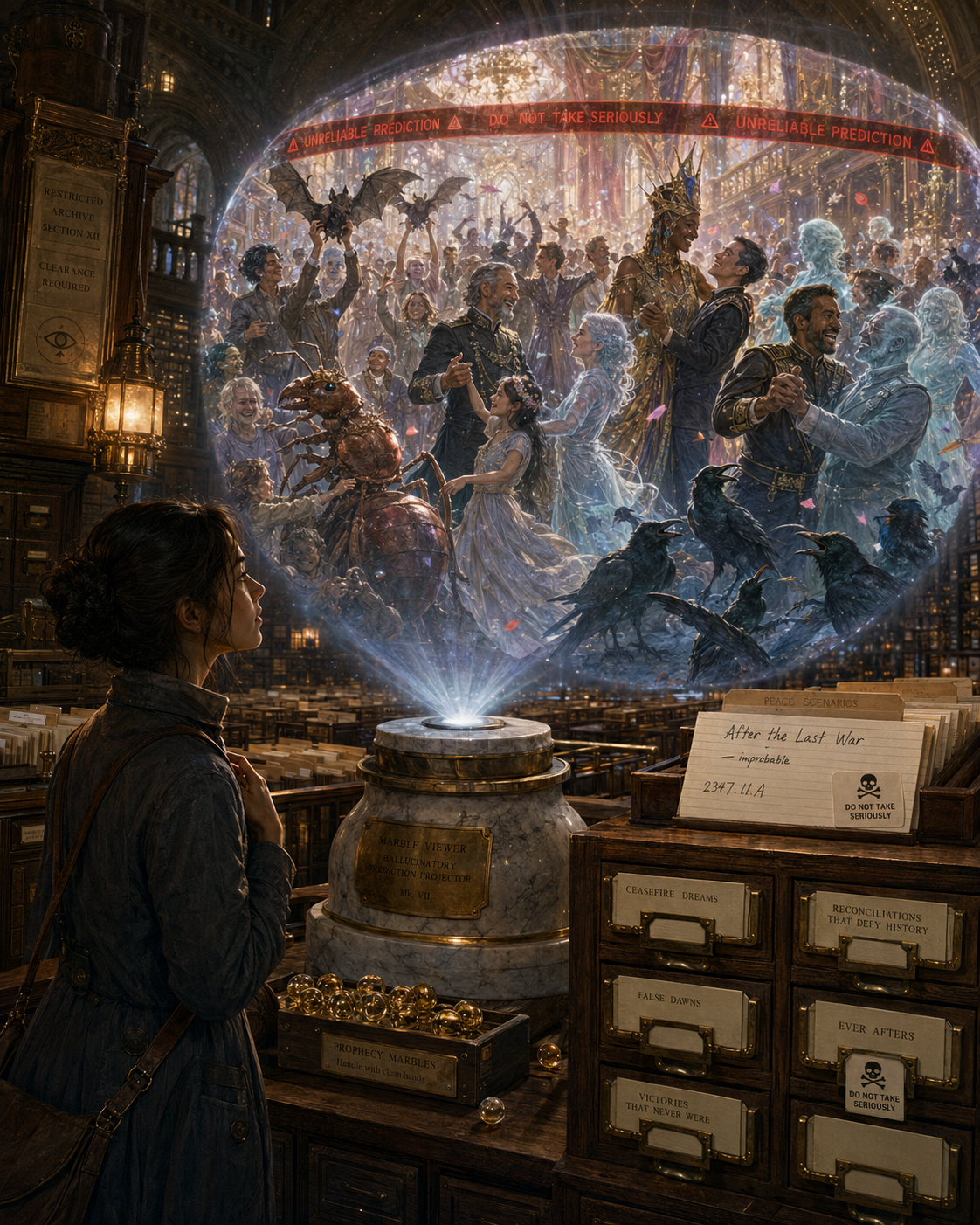 Inside the Imperial Prediction Department’s restricted archive, an archivist watches a glowing projection of an improbable celebration where living people dance with ghosts.